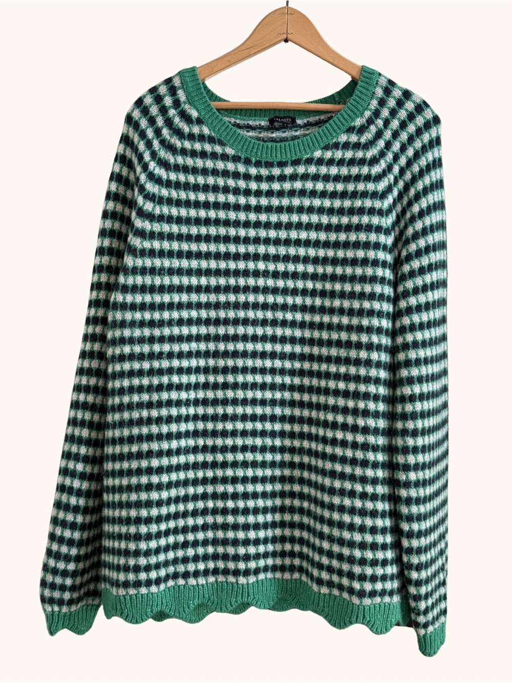 Talbots Textured Check Knit Sweater XL Green Navy Ivory Crew Neck